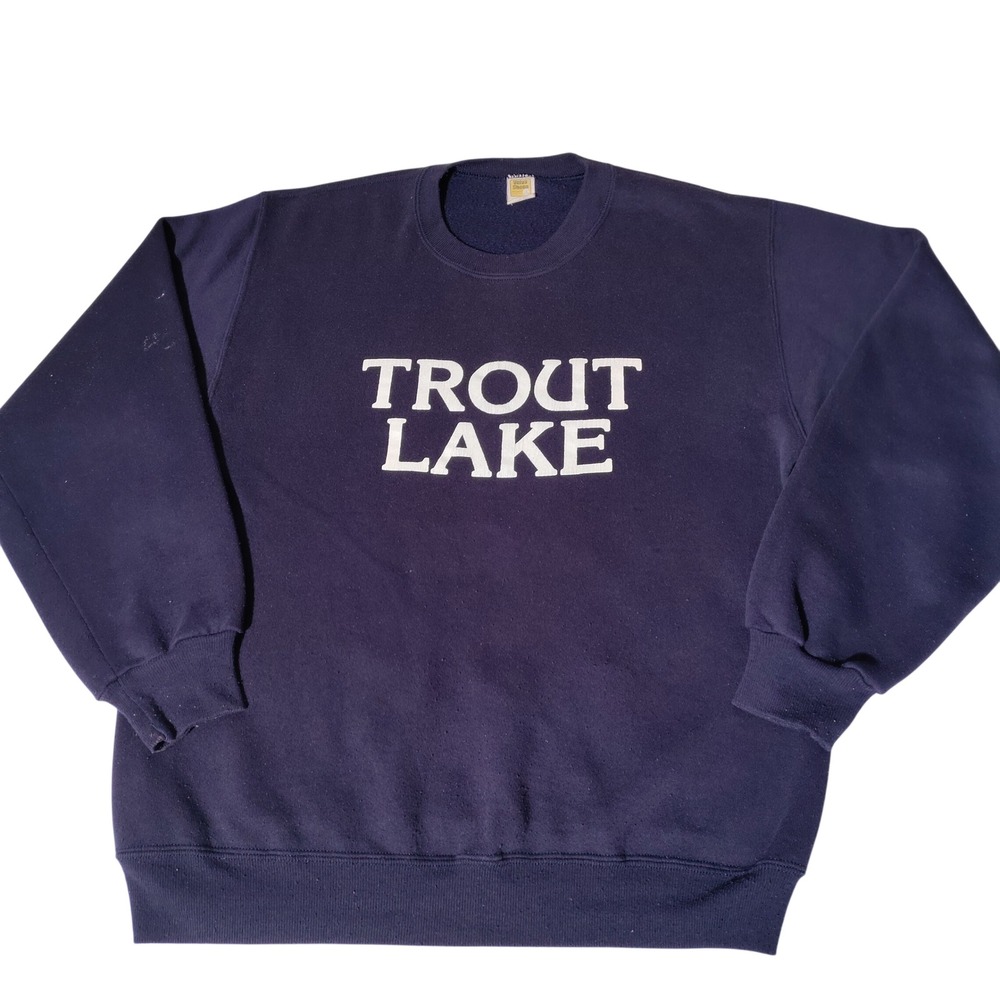 Trout Lake Navy Crewneck Sweatshirt Sz L MIUSA Vintage Velva Sheen  - Imperfect